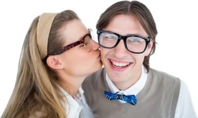 Geeky hipster kissing her boyfriend 