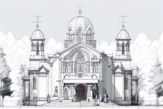 monochromatic sketch of a cathedral. Generative AI