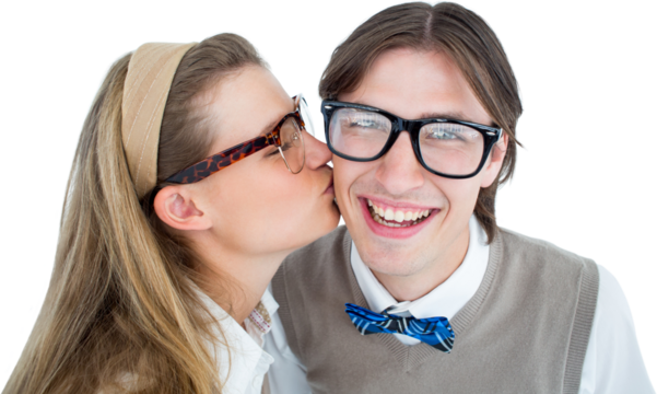 Geeky hipster kissing her boyfriend 