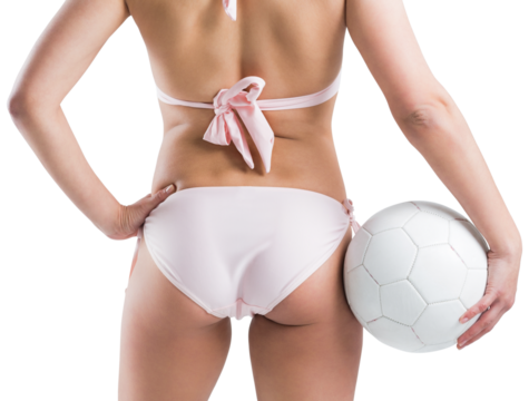 Fit girl in bikini holding football - Powered by Adobe