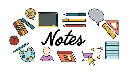 Notes text amidst various colorful vector icons