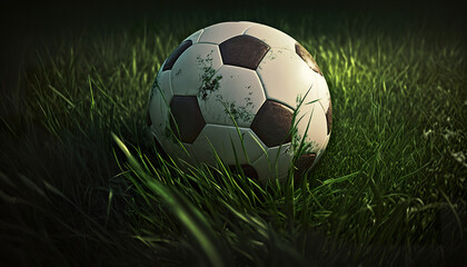 Fototapeta premium Soccer ball on the grass of a soccer field. Dirty leather soccer ball near puddle outdoors. 3D realistic illustration. Generative AI