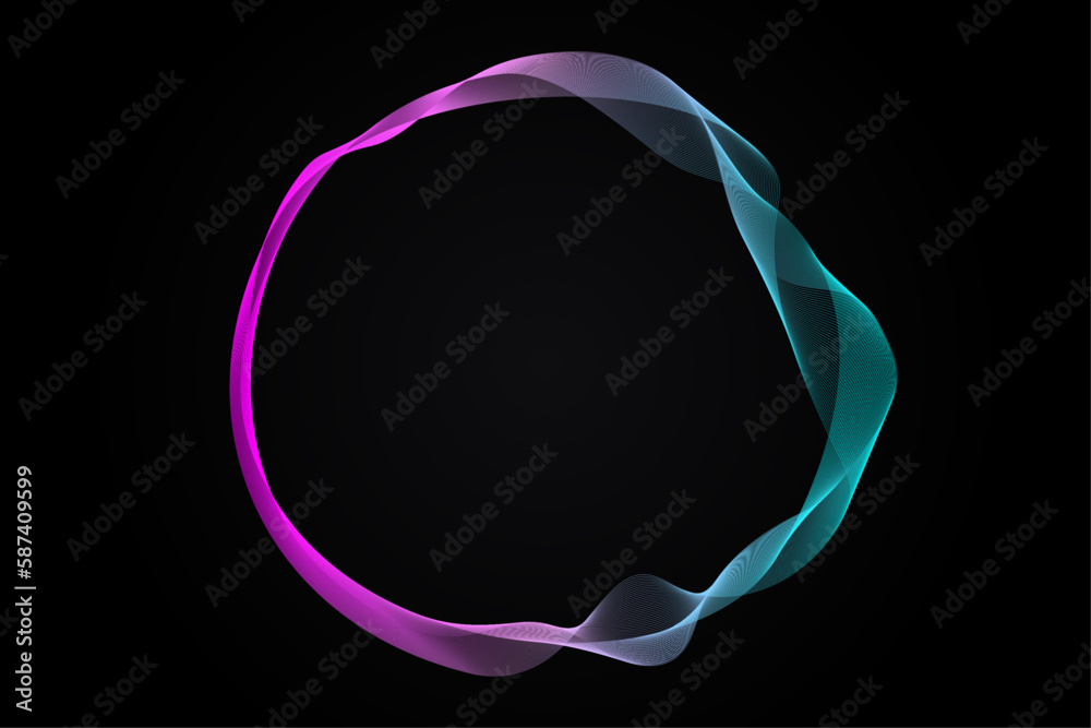 Poster Abstract banner with circles lines wavy in round frame colorful glitching spectrum light isolated on black background with space for text in concept of AI, technology, digital, music, science.