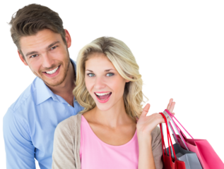 Attractive young couple holding shopping bags