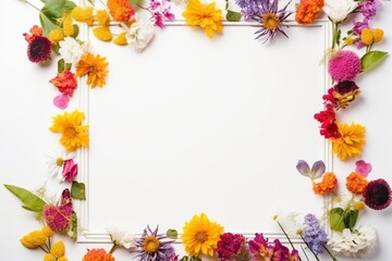Fototapeta premium Spring themed frame concept template with spring flowers and space for text input. Flat lay. Generative AI.
