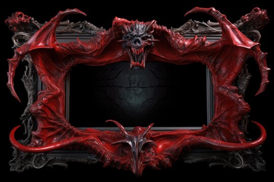 Grotesque demonic picture frame made of dragon skin and twisted muscle tissue. Generative AI.