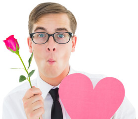 Naklejka premium Geeky hipster holding a red rose and heart card