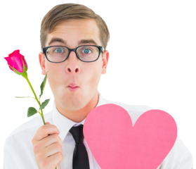 Geeky hipster holding a red rose and heart card