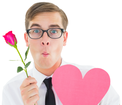 Geeky hipster holding a red rose and heart card