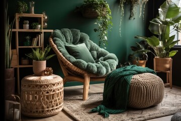 Pouf next to blanket covered recliner in green loft. Real picture. Generative AI