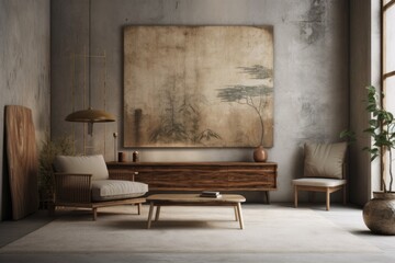 Wabi sabi living room. Interior mockup,. Generative AI