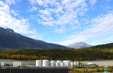 Fototapeta na wymiar Skagway, Alaska. Mountain landscape with Tank Farm in foreground on a beautiful Fall Day 