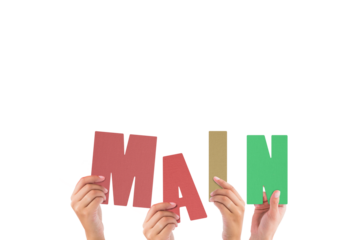 Colorful alphabet spelling main held up by people