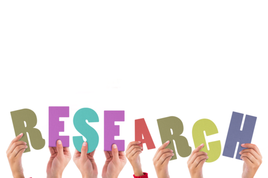 Colorful alphabet spelling research held by people - Powered by Adobe