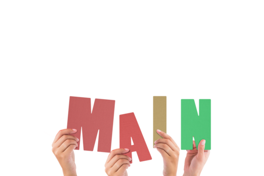 Colorful alphabet spelling main held up by people 