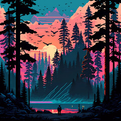Pixel art magical forest. Created with Generative AI technology. 