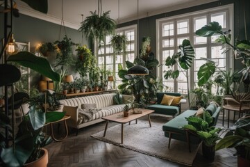 Fototapeta na wymiar Tropical plant filled living room. Beautiful monstera and couch decor. Generative AI