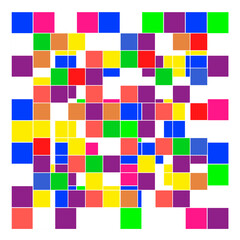 White background with colored squares and different bright colors, placed in a geometric way.