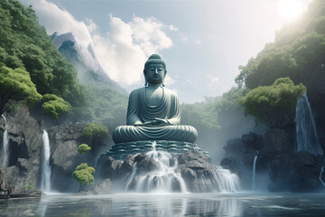 Photo a statue of buddha sits on a mountain top with clouds in the background. - obrazy, fototapety, plakaty