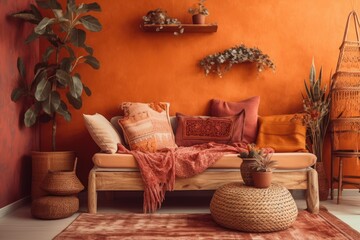 Cozy boho room with couch, pillows, and cushions near plant composition on orange wall. Generative AI
