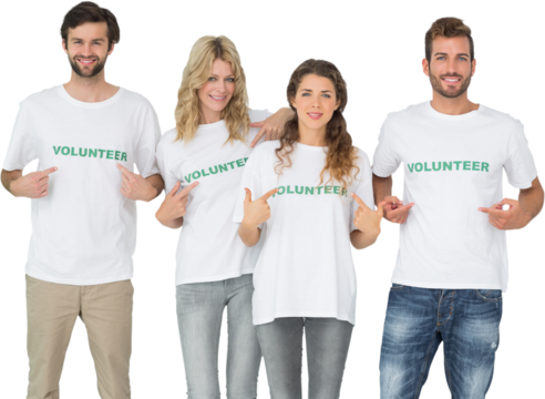 Group portrait of happy volunteers pointing to themselves