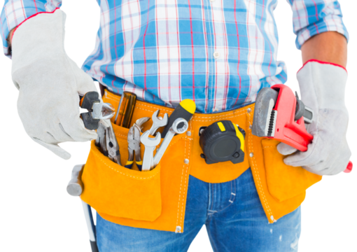 Midsection of handyman holding hand tools