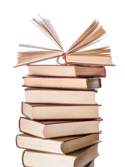 Large books pile with single open book on it isolated png with transparency