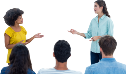 Casual young businesswoman giving presentation to colleagues