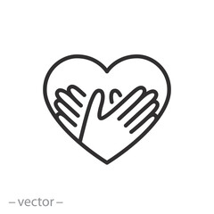 hands with heart icon, share your big love or kindness, charity donation concept, care gesture, thin line symbol on white background - editable stroke vector illustration eps10