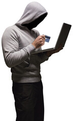 Hacker using laptop while holding credit card