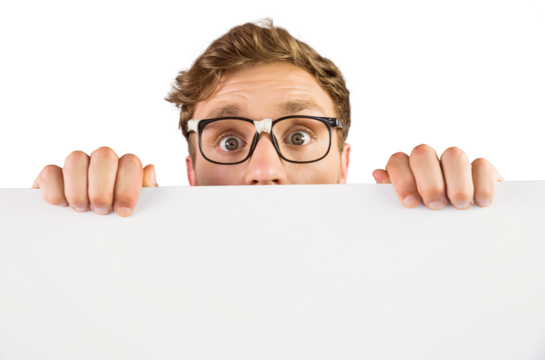 Geeky hipster showing a card