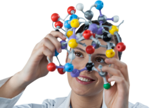 Female scientist looking at molecular model