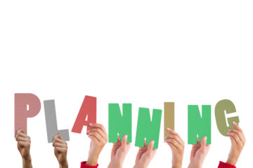 Colorful alphabet spelling planning held up by people 