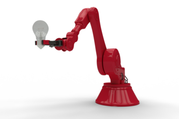 Graphic image of red robotic hand holding filament