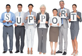 Obraz premium Smiling business people holding support sign