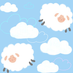 Fluffy sheeps in the sky seamless pattern. Cute sheeps and clouds on blue background. Children illustration