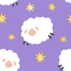 Seamless pattern with sheeps and stars on purple sky background.