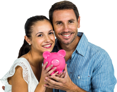 Smiling couple holding pink piggybank - Powered by Adobe