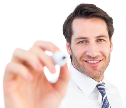 Smiling businessman writing with black marker