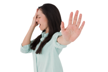 Irritated woman showing her hand