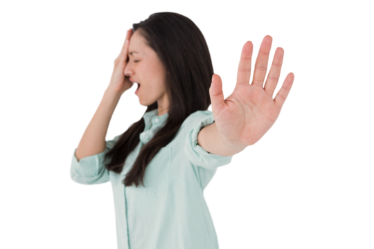 Irritated woman showing her hand