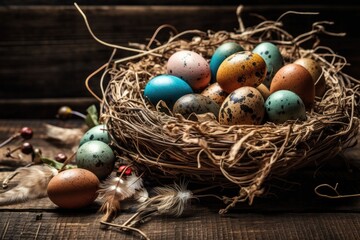 Fototapeta na wymiar birds nest with eggs on a wooden table. Generative AI