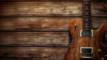 Fototapeta premium A guitar on wooden background, music poster with copy space - Generative AI