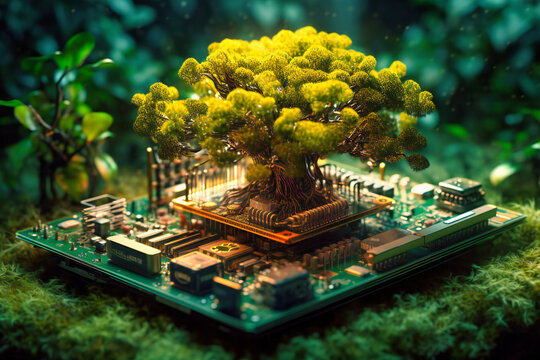 In a green and yellow environment, a tree thrives on a computer circuit board, illustrating the harmony between ecology and electronics