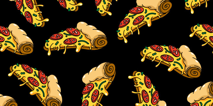 Pizza backdrop. Slice of pizza pattern on black background. Vector illustration EPS 10