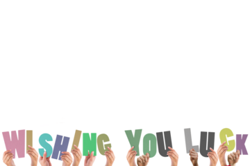 Colorful alphabet spelling wishing you luck held up by people 