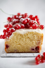 Red currant loaf cake decorated with cream and fresh healthy berries on a light background. 