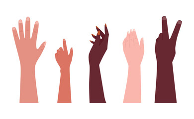 Fototapeta premium Set of different isolated flat female, male and children hands. Vector cartoon collection.