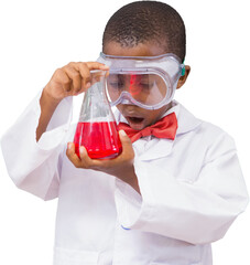 Shocked schoolboy looking at red liquid in beaker