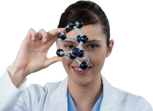 Portrait of female scientist holding molecular model
